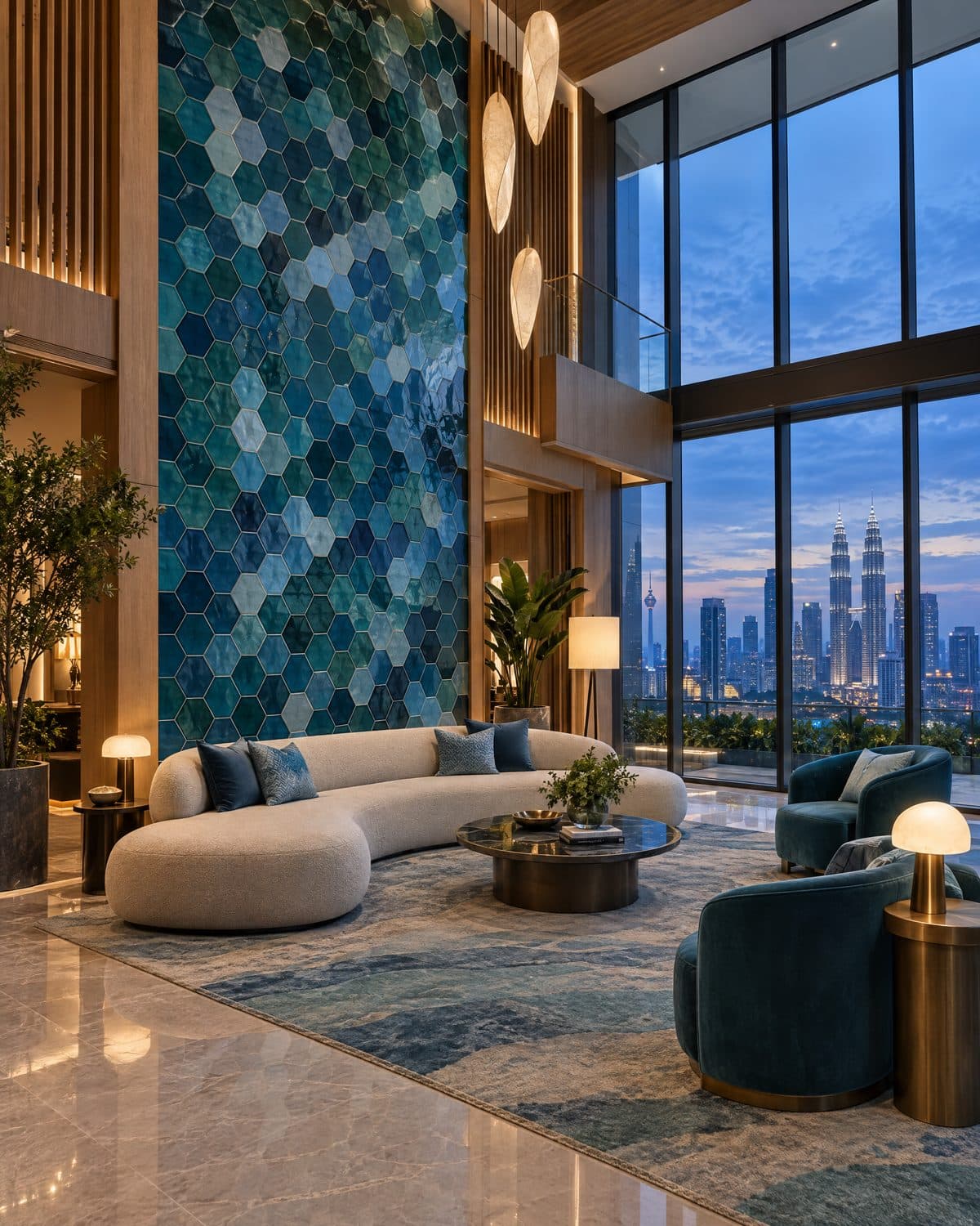 A double-height residential lobby with a hexagonal tile wall